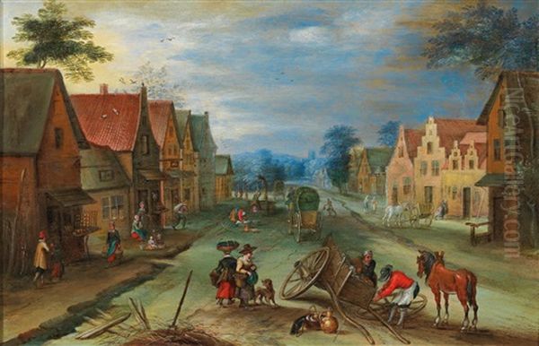 A Village Landscape With Travellers And Peasants Repairing A Horse-drawn Cart Oil Painting by Joseph van Bredael