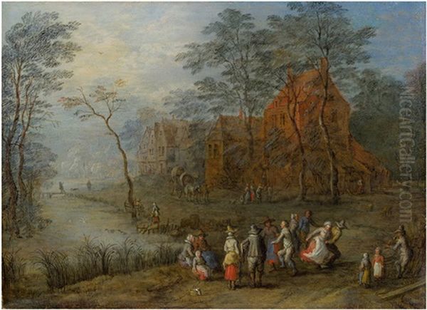 Dancing Peasants On The Village Road Oil Painting by Joseph van Bredael