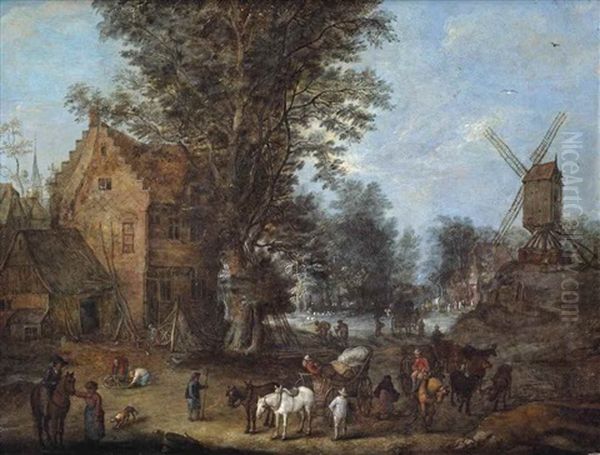 A Village Scene With Travellers And Wagoners And Numerous Other Figures At Their Daily Activities Oil Painting by Joseph van Bredael