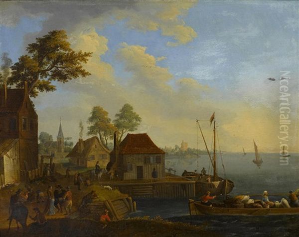 View Of A Bustling Fishing Town 11 1/8 X 14 1/4in (28.3 X 36.5cm) Oil Painting by Joseph van Bredael