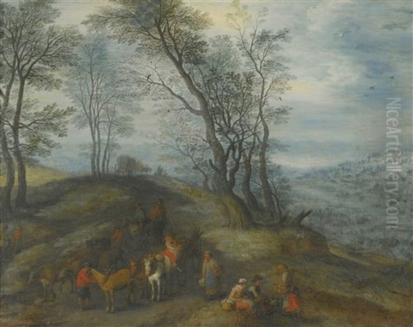 A Wooded Landscape With Travellers And Their Horses On A Path Oil Painting by Joseph van Bredael