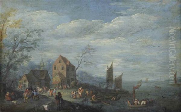 A View Of A Village With Numerous Figures On The Riverbank Oil Painting by Joseph van Bredael