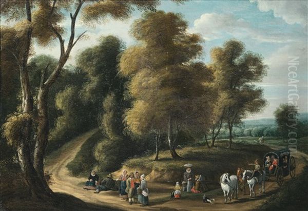 Wooded Landscape With Figures Resting And Chatting, A Cart Drawn By Three Horses Coming Round The Bend In The Road Oil Painting by Joseph van Bredael