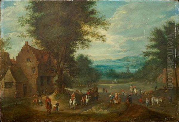 A Broad Landscape With Figures On A Country Road Oil Painting by Joseph van Bredael