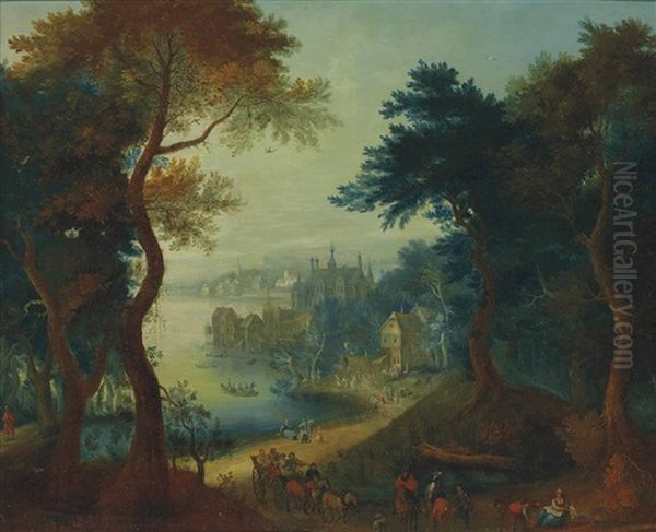 A River Landscape With Travellers, A Wagon And Horsemen On A Path, A Town With A Castle Beyond Oil Painting by Joseph van Bredael