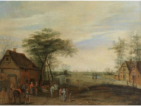 A Village Scene With Figures Preparing Wagons And Horses Oil Painting by Joseph van Bredael