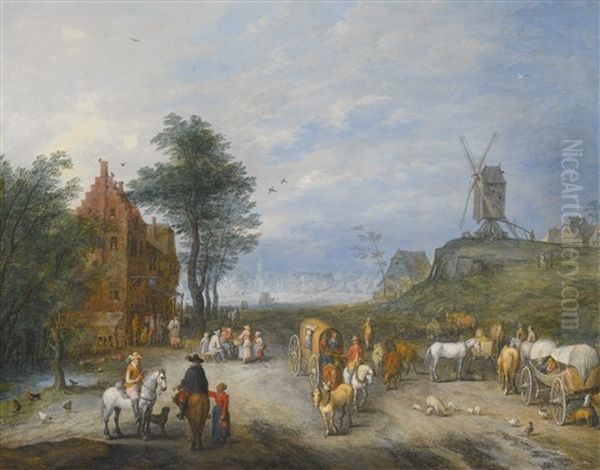 Entrance To A Village, A Windmill In The Distance Oil Painting by Joseph van Bredael