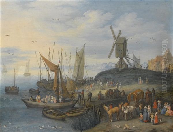 A River Landscape With Figures Both On A Ferry And Waiting On The Shore Beneath A Windmill Oil Painting by Joseph van Bredael