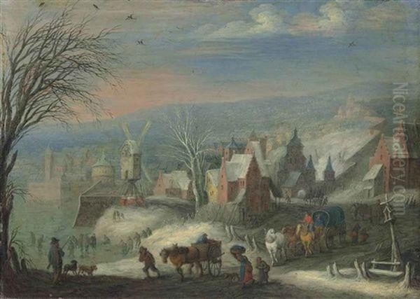 A Winter Landscape With Horse-drawn Carts, A Hunter And His Dogs, And Figures Skating, A Town With A Windmill Beyond by Joseph van Bredael