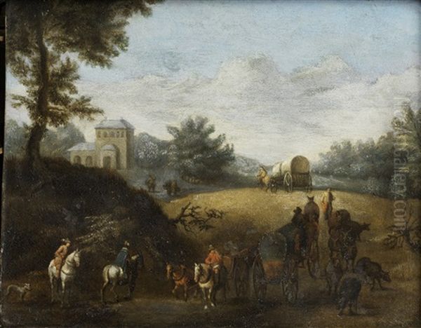 Travellers On A Country Path, A River Landscape Beyond; And Travellers On A Country Path, Crossing A Brook (2 Works) Oil Painting by Joseph van Bredael