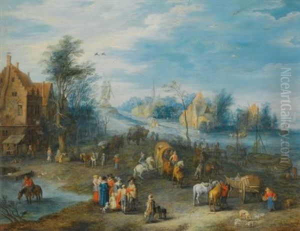 A Village Scene On The Banks Of A River Oil Painting by Joseph van Bredael