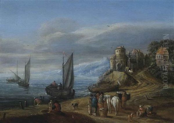 A Coastal Landscape With Figures Conversing By A Shore Oil Painting by Joseph van Bredael