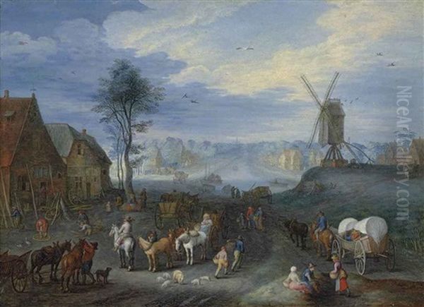 A Village With A Windmill, Figures With Horsedrawn Carts In The Foreground, A Canal And A Church Beyond Oil Painting by Joseph van Bredael