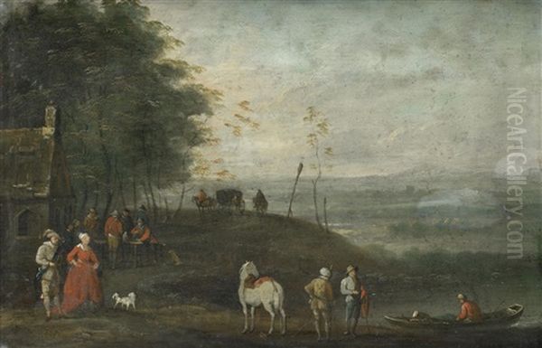 Travelers On A Country Path, With A Barge Approaching A Shore, Before An Extensive Landscape Oil Painting by Joseph van Bredael