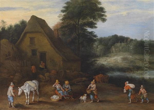 Landschaft Mit Bauern, Die Sich Fur Den Markt Vorbereiten Oil Painting by Joseph van Bredael