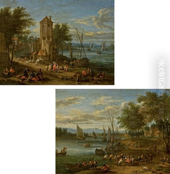 Pecheurs Au Bord D'une Riviere (+ Personnages Orientaux Devant Une Tour Au Bord D'un Fleuve, Various Sizes; Pair) Oil Painting by Joseph van Bredael