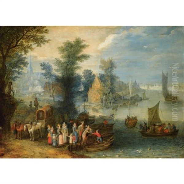 An Extensive River Landscape With Boats By A Village And Travellers On The River Bank Oil Painting by Joseph van Bredael