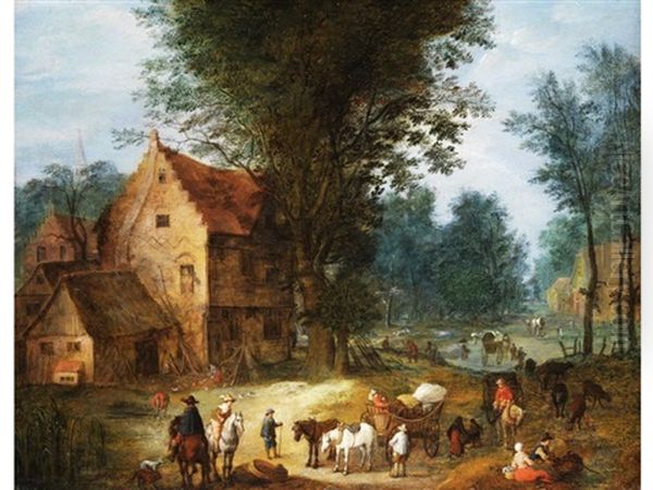 Dorflandschaft Mit Rastenden Reisenden Oil Painting by Joseph van Bredael