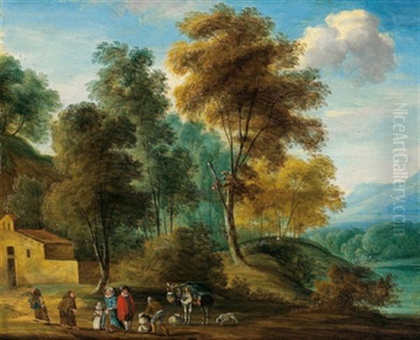 Bewaldete Flusslandschaft Mit Figuren Vor Einer Kapelle Oil Painting by Joseph van Bredael