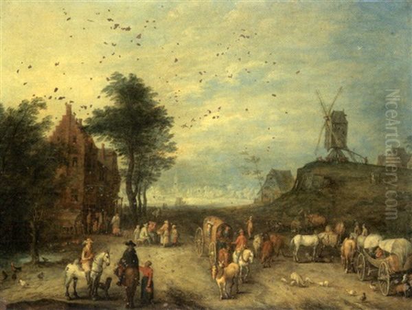 Cavaliers Et Charriots Animes De Paysans A L'entree D'un Village Oil Painting by Joseph van Bredael