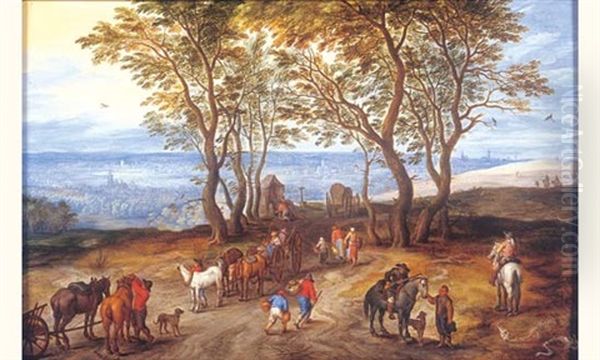 Carrioles Et Cavalier Dans Un Paysage Vallonne Oil Painting by Joseph van Bredael