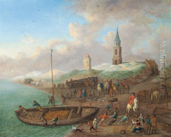 Kustenlandschaft Mit Blick Auf Den Kirchturm Von Scheveningen (?) Und Fischern, Die Ein Boot An Land Ziehen Und Reitern Oil Painting by Joseph van Bredael