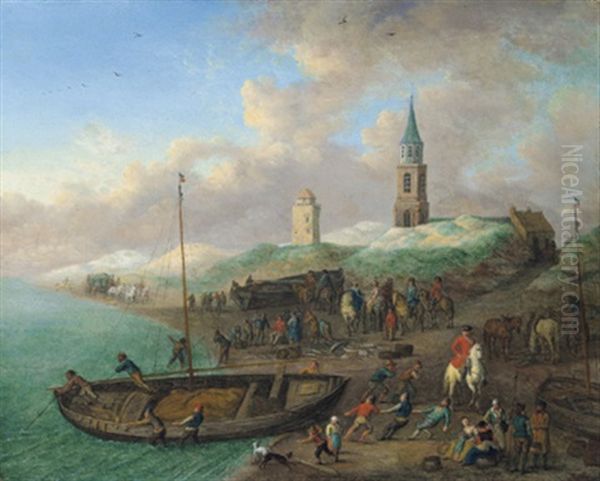 Kustenlandschaft Mit Blick Auf Den Kirchturm Von Scheveningen (?) Und Fischern, Die Ein Boot An Land Ziehen Und Reitern Oil Painting by Joseph van Bredael