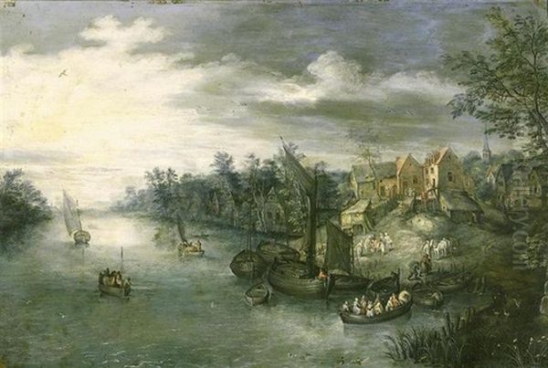 Paysage Fluvial Anime De Nombreux Personnages Oil Painting by Joseph van Bredael