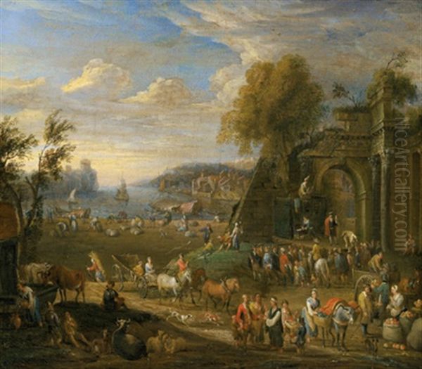 Markt In Einem Flandrischen Dorf Mit Der Auffuhrung Einer Wanderbuhne by Joseph van Bredael