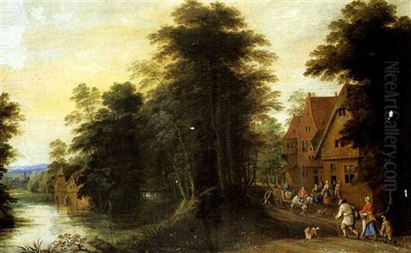 Paysans A L'entree D'un Village En Bordure De Riviere Oil Painting by Joseph van Bredael