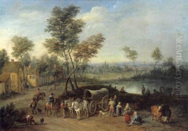 Flamisches Dorf An Einem Fluss Mit Rastenden Reisenden Und Einem Mit Zwei Schimmeln Bespannten Planwagen Oil Painting by Joseph van Bredael