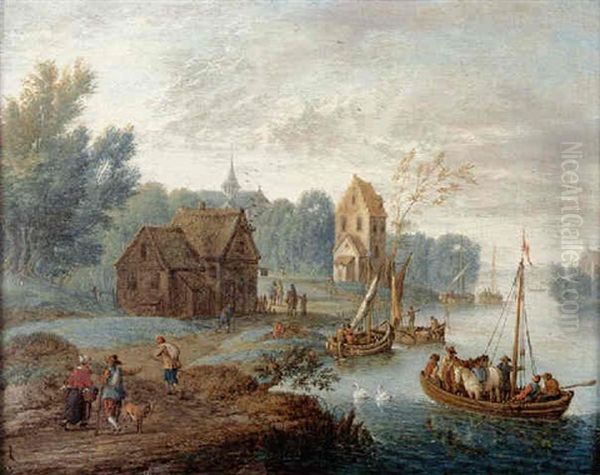 Paysage Fluvial De La Campagne Flamande Anime De Bateaux Oil Painting by Joseph van Bredael