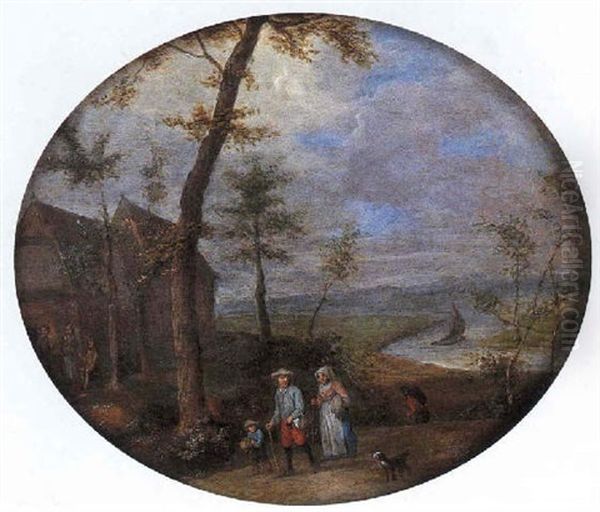 Famille De Paysans Sur Un Chemin Pres D'une Riviere Oil Painting by Joseph van Bredael