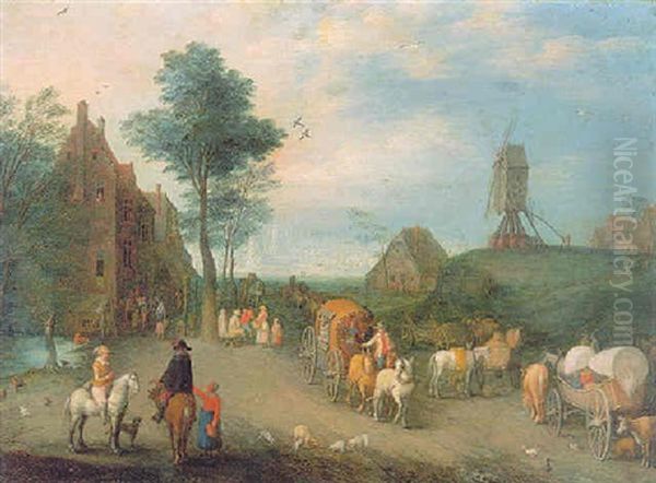 A Village Landscape With Riders In The Foreground, A Coach On A Road, Horses And Carts By A Roadside, A Windmill On A Hill Beyond Oil Painting by Joseph van Bredael