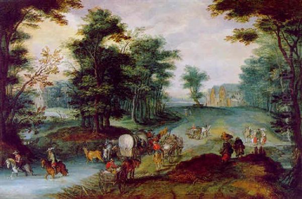 Waldlandschaft Mit Reisenden In Einem Planwagen Und Marktfahrer Oil Painting by Joseph van Bredael