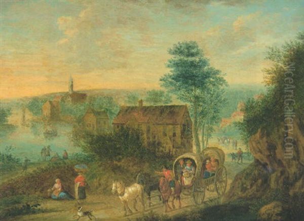 Travellers In A Cart, With A Village Beyond Oil Painting by Joseph van Bredael