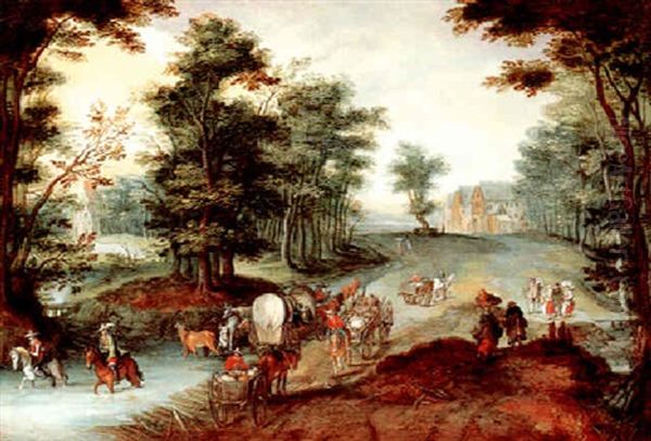 A Forest Road With Travellers In A Covered Carriage, Two Horsemen And Many Figures by Joseph van Bredael