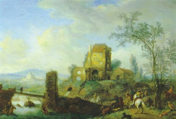 Bewaldete Fluslandschaft Mit Einer Hirschjagd Oil Painting by Joseph van Bredael