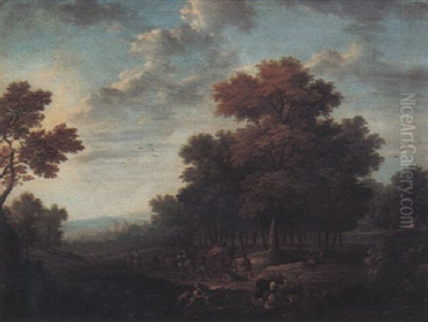 Extensive Landscape With Travellers Near A Stream Oil Painting by Joseph van Bredael