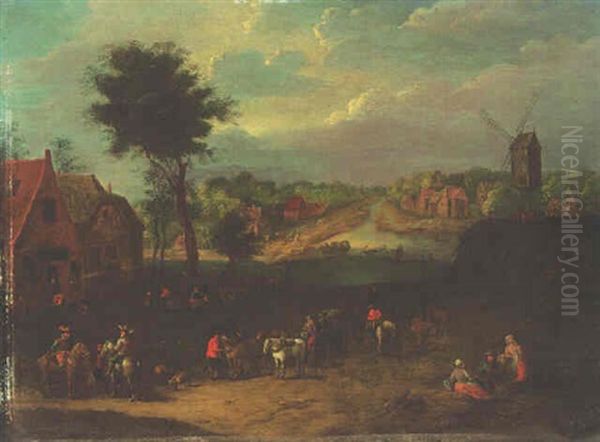 A Village On A Canal With Mounted Gentlemen, Peasants And Carts Near A Windmill Oil Painting by Joseph van Bredael