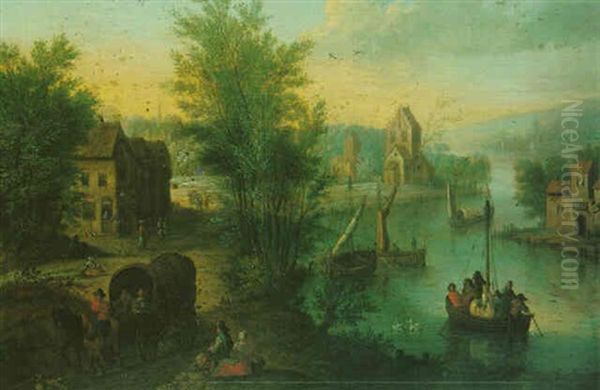 River Landscape With Travellers On A Path, Others Boating Beyond Oil Painting by Joseph van Bredael