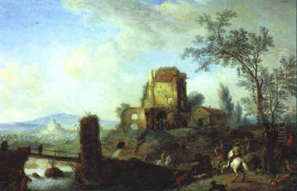 Bewaldete Fluslandschaft Mit Einer Hirschjagd Oil Painting by Joseph van Bredael