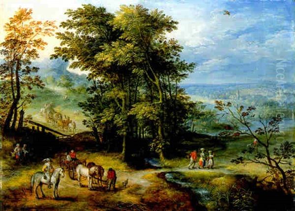 An Extensive Wooded Landscape With Travellers On A Path In The Foreground Oil Painting by Joseph van Bredael