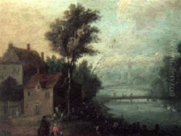 River Landscape With Travellers Beside Houses Oil Painting by Joseph van Bredael