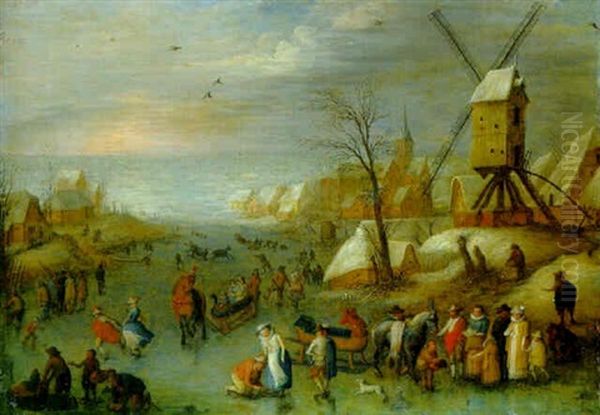 An Extensive Landscape With Villagers Skating, A Windmill Nearby Oil Painting by Joseph van Bredael