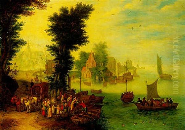 A River Landscape With Figures By A Landing Stage And A Town Beyond Oil Painting by Joseph van Bredael