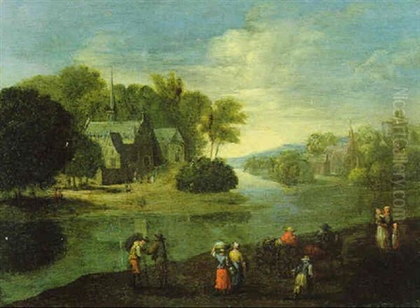 Flaemische Flusslandschaft Mit Reisenden Oil Painting by Joseph van Bredael