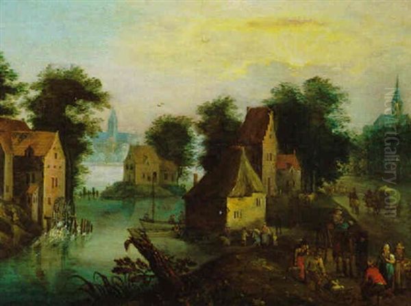 Dorf An Einem Fluss Mit Reisenden Oil Painting by Joseph van Bredael