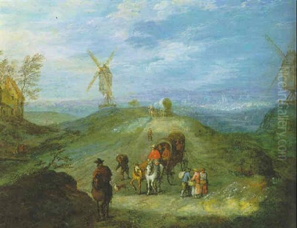 Reiter Und Reisende In Pferdewagen In Einer Weiten Flandrischen Landschaft Mit Windmuehlen Oil Painting by Joseph van Bredael