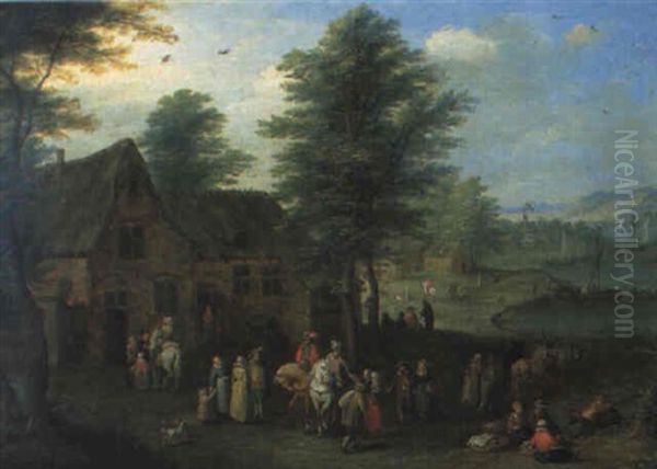 Scene De Marche Aux Abords D'un Village Pres D'un Lac Oil Painting by Joseph van Bredael